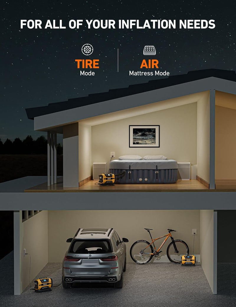 AstroAI مضخة هواء محمولة لضغط الإطارات 150 PSI 12V DC/110V AC مع محركات معدنية مزدوجة وضوء LED، ملحقات سيارات، وضعين للإطارات السيارات والدراجات الهوائية والمطاطات الهوائية، أصفر - Image 5